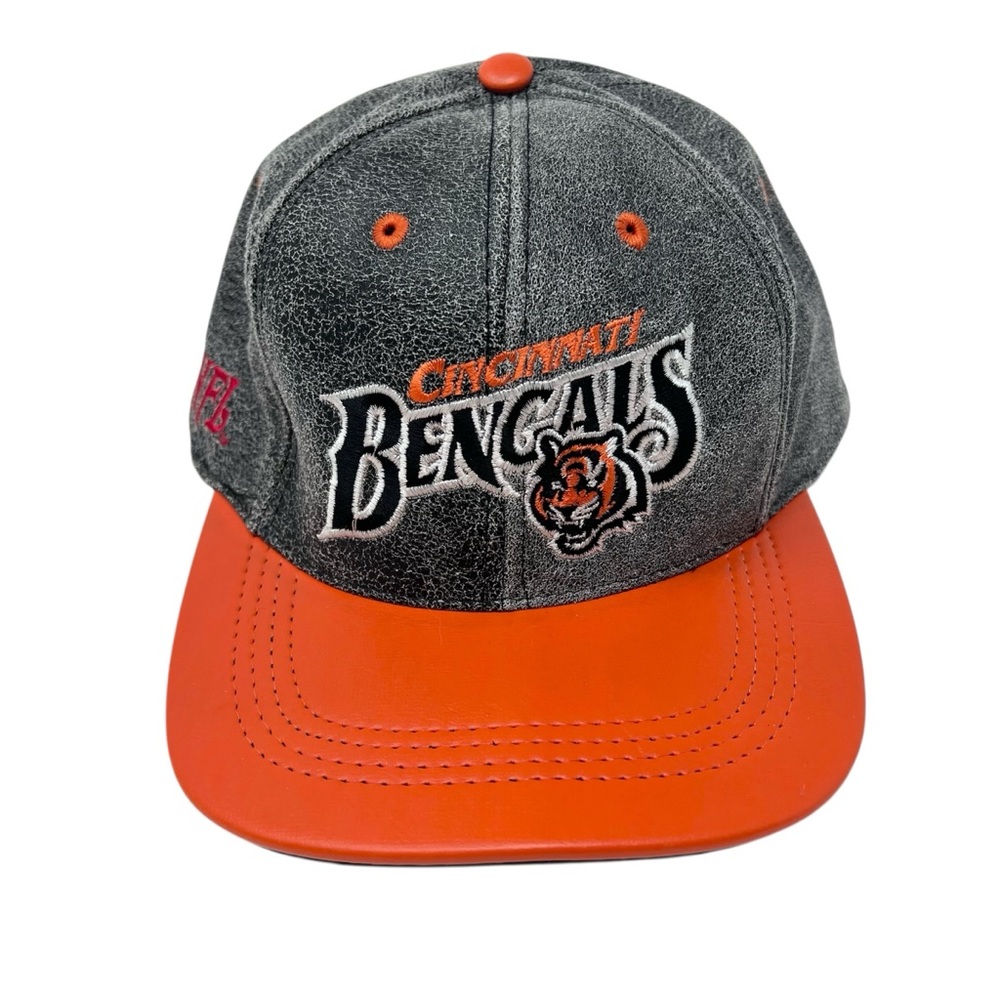 Vintage NFL Cincinnati Bengals Black & Orange Leather Hat 90s Snap Back Trucker